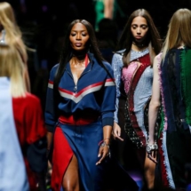 Supermodel Naomi Campbell presents a creation at the Versace fashion show during Milan Fashion Week Spring/Summer 2017 in Milan